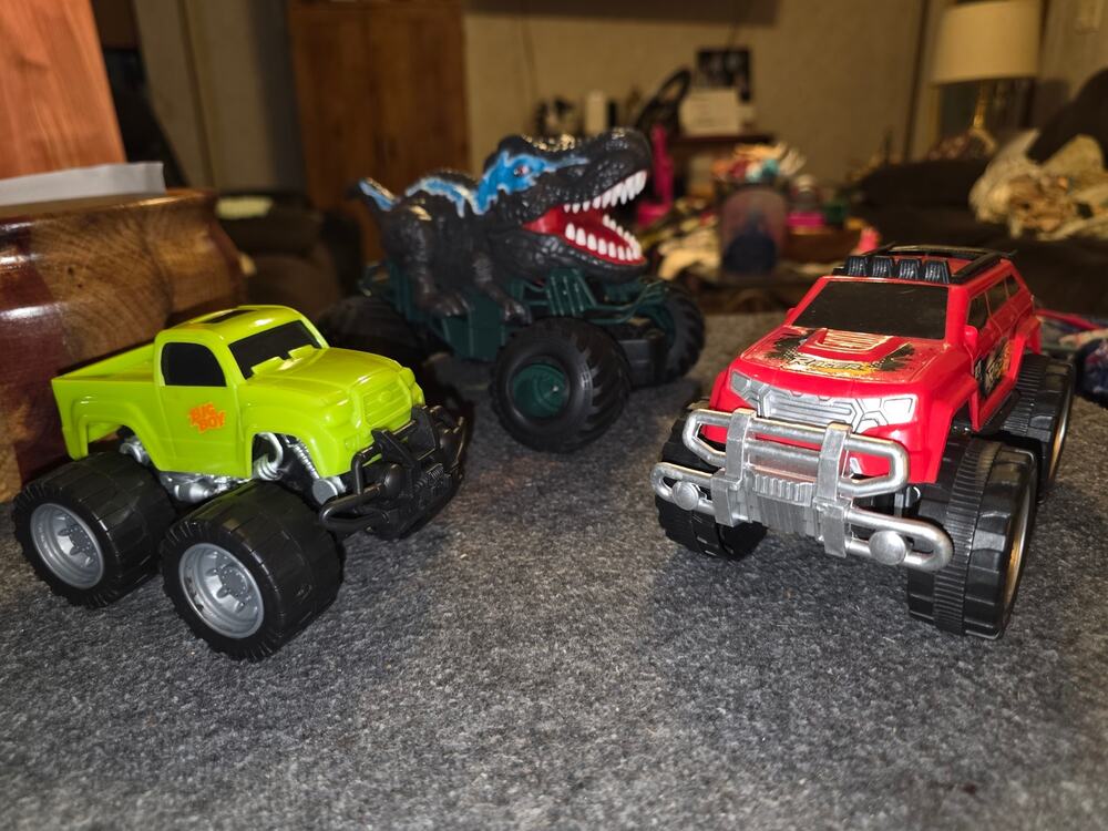 Monster Truck Toy Lot of 3 T-Rex Dinosaur Red 4x4 Racer Green Big Boy Pickup
